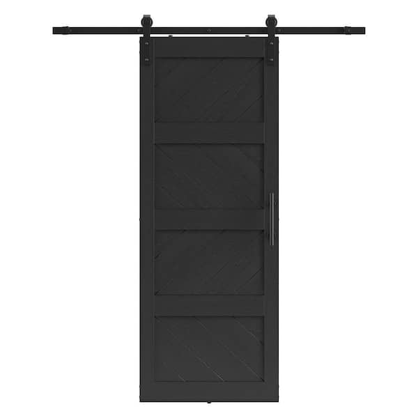 32 in. x 84 in. 4 Panel Wave Shape Solid Core Black Finished MDF Assembly Required Sliding Barn Door with Hardware Kit