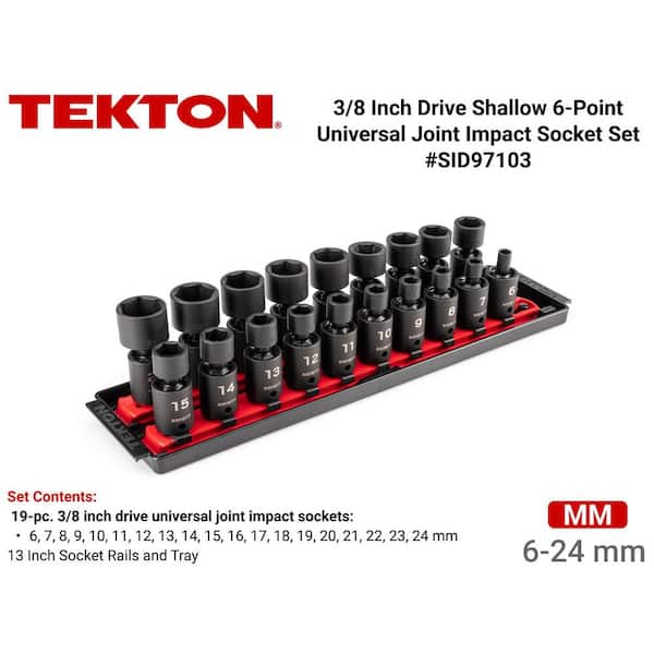 3/8 in. Drive 6-Point Universal Joint Impact Socket Set with Rails and Tray, 19-Piece (6-24 mm)