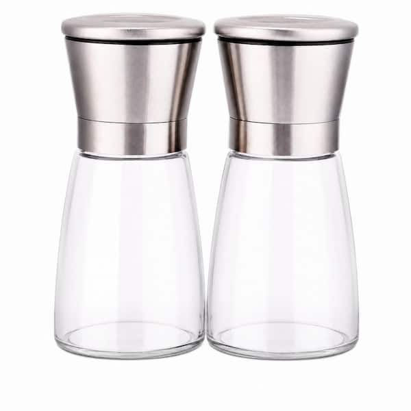 Salt and Pepper Grinder Set with Wooden Standing Tray, Refillable Mill with Adjustable Coarseness, Stainless Steel