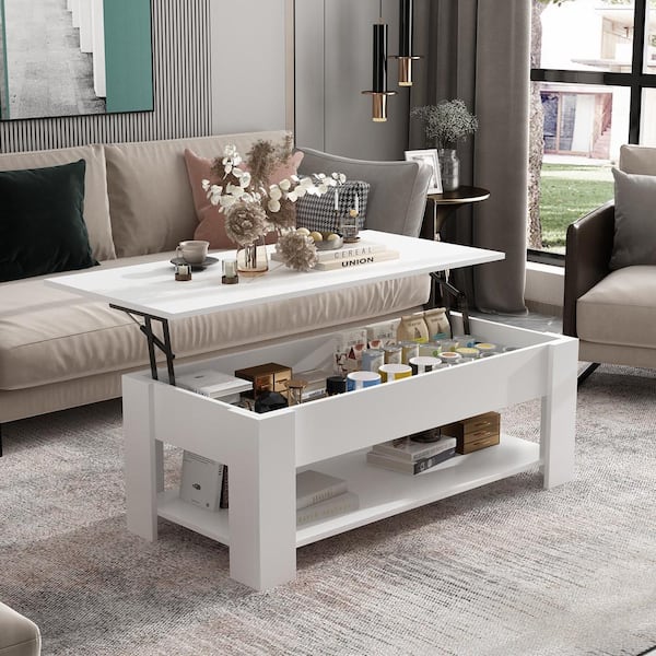 FUFU&GAGA 45.3 in. White Rectangle MDF Wood Lift Top Coffee Table with  Hidden Storage Shelf and 2-Drawers KF200019-01 - The Home Depot