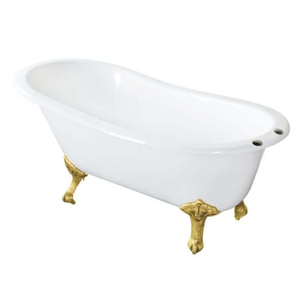 Aqua Eden 61.6 in. x 30.5 in. Cast Iron Oval Clawfoot Soaking Bathtub in White/Brushed Brass