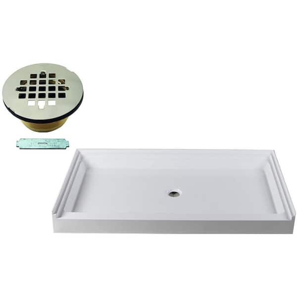 Westbrass 60 in. x 36 in. Single Threshold Alcove Shower Pan Base with Center Brass Drain in Satin Nickel