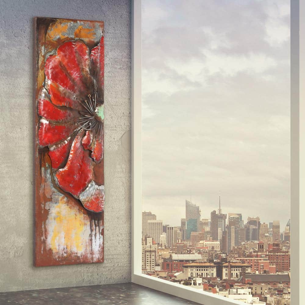 Handmade Red Poppy Detail Iron Wall Sculpture