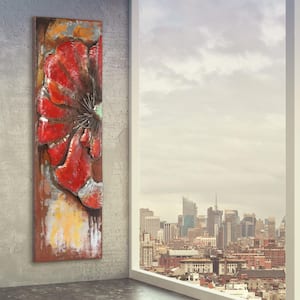 60 in. x 18 in. "Red Poppy Detail" Mixed Media Iron Hand Painted Dimensional Wall Art