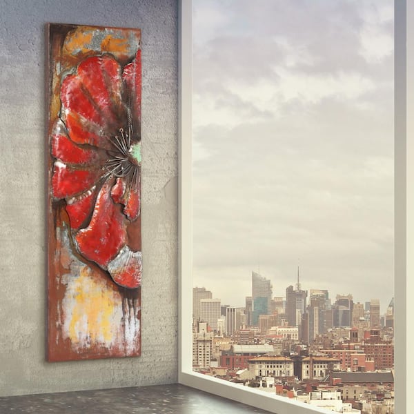 Empire Art Direct 60 in. x 18 in. "Red Poppy Detail" Mixed Media Iron Hand Painted Dimensional Wall Art