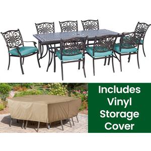 Traditions Bronze Aluminum 9-Piece Outdoor Patio Dining Set with Protective Cover and Blue Cushions included