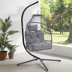 Wicker Patio Swing with Cushion and Pillow in Gray