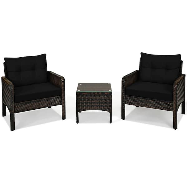 3-Piece Rattan Patio Conversation Furniture Set Yard Outdoor with Black Cushions