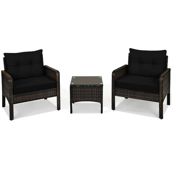 Gymax 3-Piece Rattan Patio Conversation Furniture Set Yard Outdoor with Black Cushions