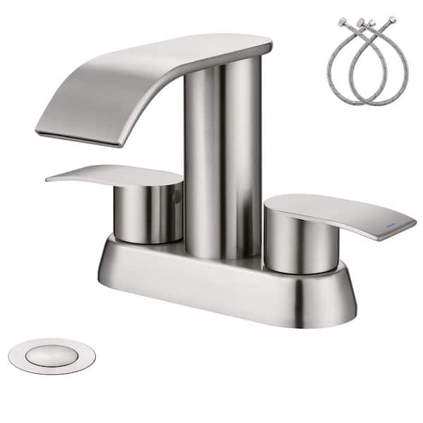 GAGALIFE 4 in. Centerset Double-Handle Waterfall Spout Bathroom Vessel Sink Faucet with Pop Up Drain Kit in Brushed Nickel