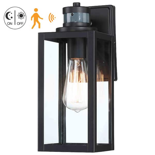 Uixe 12 in. 1-Light Matte Black Motion Sensing Dusk to Dawn Outdoor Wall Lantern Sconce Sensor