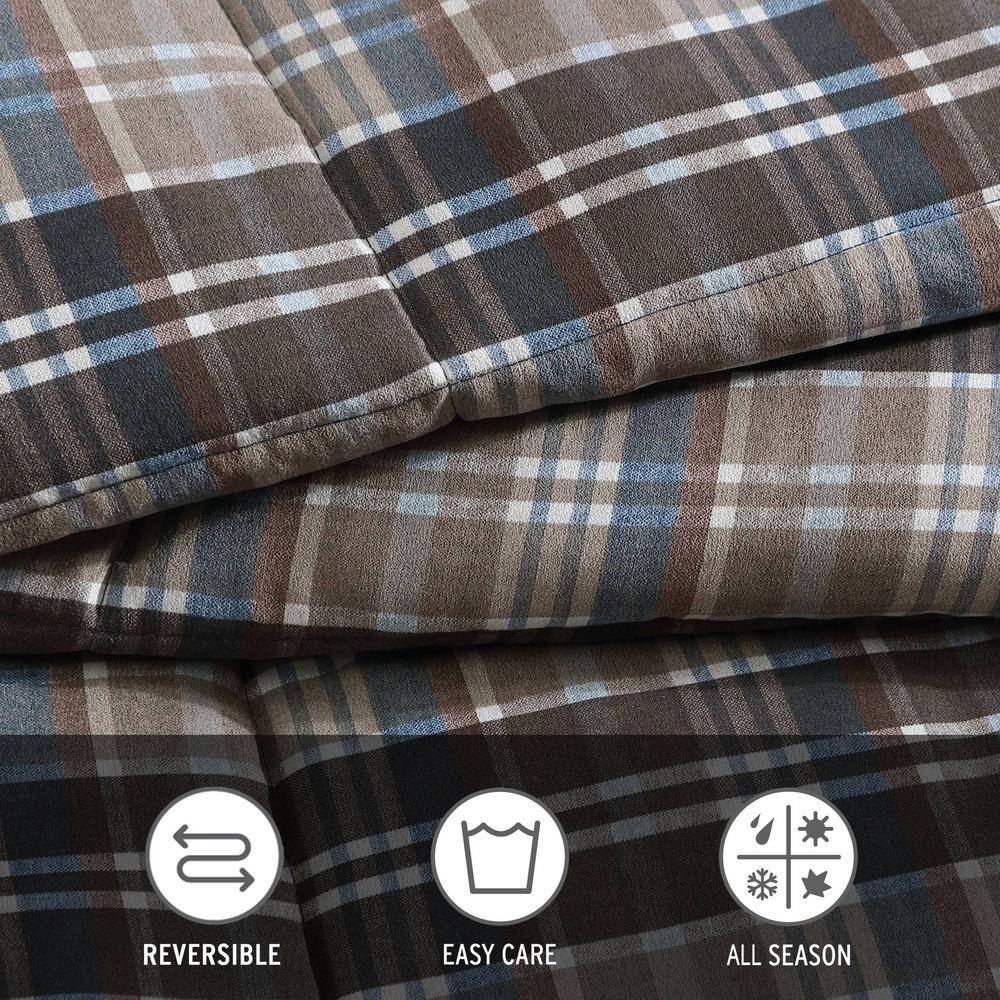 Twin Brown Plaid Microsuede Duvet Cover Set with Sham
