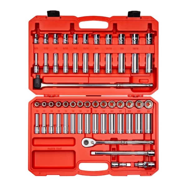 TEKTON 1/2 in. Drive 6-Point Socket and Ratchet Set 3/8 in. to 1 in., 10 mm to 24 mm (58-Piece)