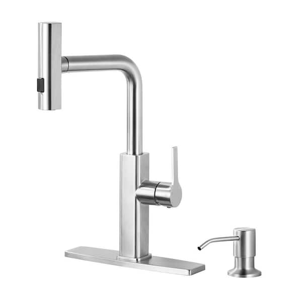 Stainless Steel Single-Handle Pull-Down Sprayer Kitchen Faucet with Soap Dispenser in Brushed Nickel