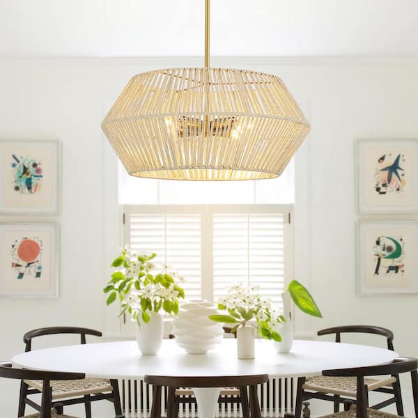 Bohe 22 in. 4-Light Beige/Brass Chandelier Bohemian Geometric with Hand Woven Shade