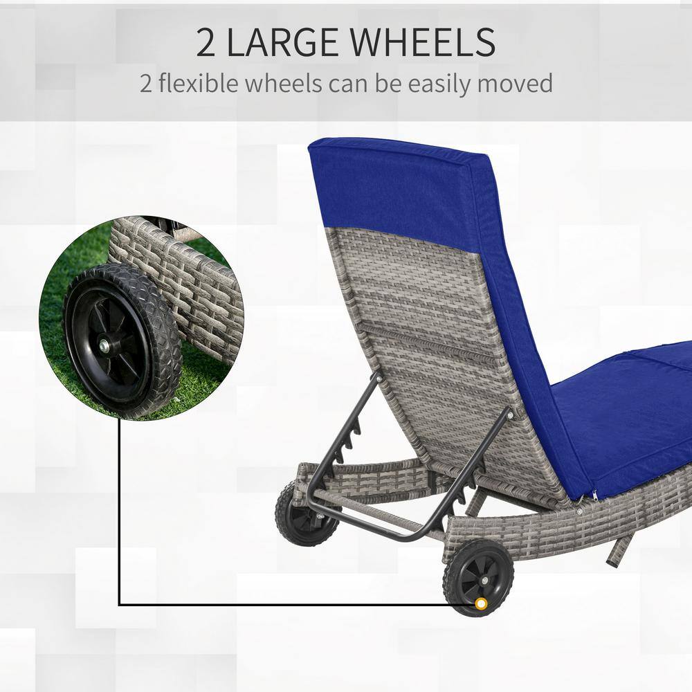 Dark Blue Wicker Outdoor Chaise Lounge with Adjustable Backrest