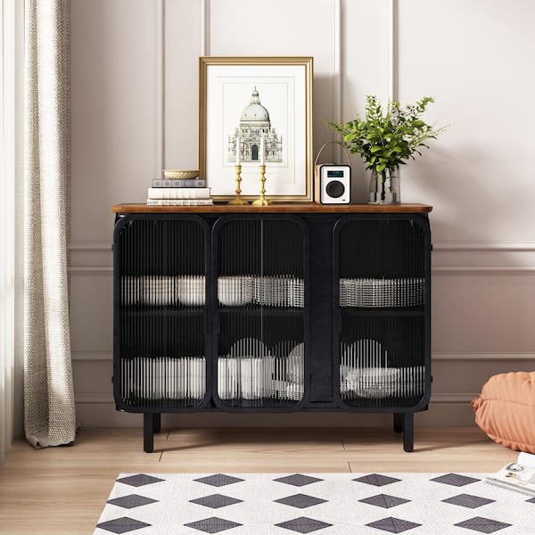 FUNKOL 14.37-in W x 40.94-in D x 31.69-in H in Black Metal Ready to Assemble Floor Kitchen Cabinet with Glass Doors