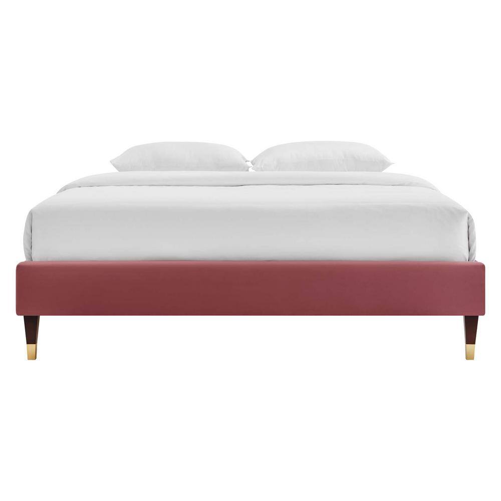 Dusty Rose Velvet Full Platform Bed Frame with Gold Accents