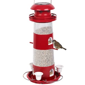 Solar Red Metal Squirrel Guard Hanging Wild Bird Seed Feeder - 2.3 Pounds with Lights 1-Pack