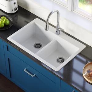 QT-810 Quartz/Granite 33 in. Double Bowl 50/50 Top Mount Drop-in Kitchen Sink in White with Bottom Grid and Strainer