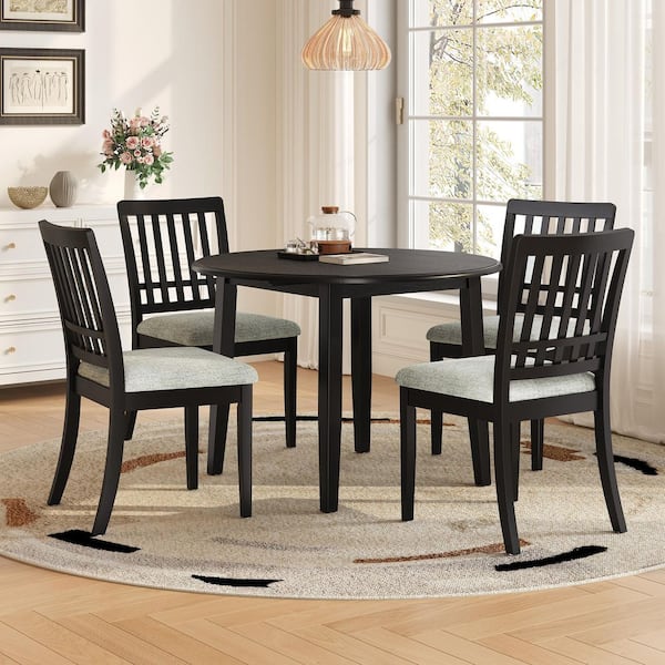 Armond Modern Rustic 5-Piece Round Black MDF Wood Extendable Dining Table Set with Upholstered Chairs, Seats 4