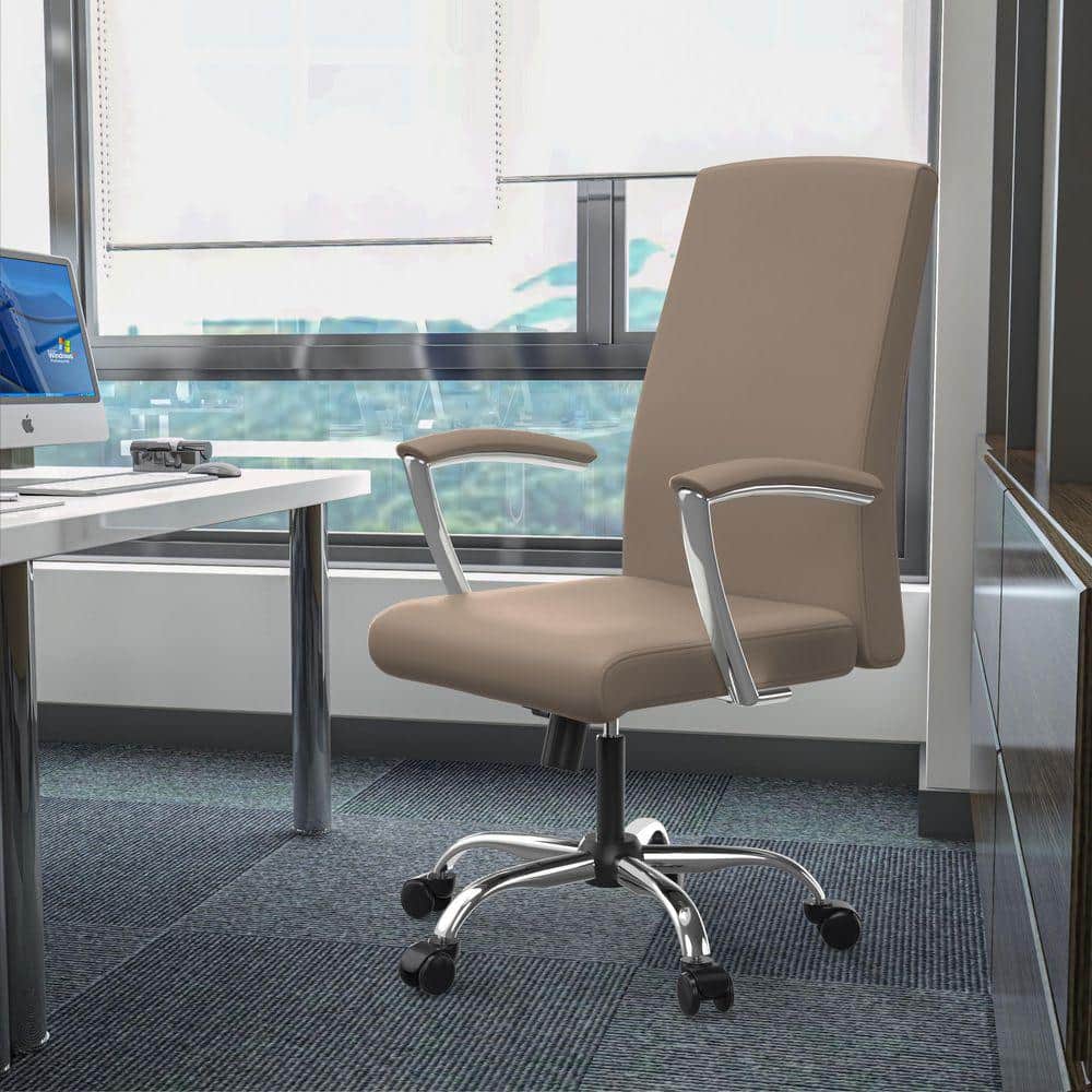 Evander Faux Leather Swivel Ergonomic Office Chair in Taupe with Nonadjustable Arms