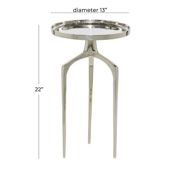 13 in. Silver Tray Inspired Top Large Round Aluminum End Accent Table with 3 Tripod Legs
