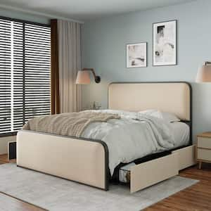 Beige Metal Frame Queen Platform Bed with Curved Upholstered Headboard and Footboard Bed with 4 Storage Drawers