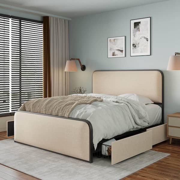 Polibi Beige Metal Frame Queen Platform Bed with Curved Upholstered Headboard and Footboard Bed with 4 Storage Drawers