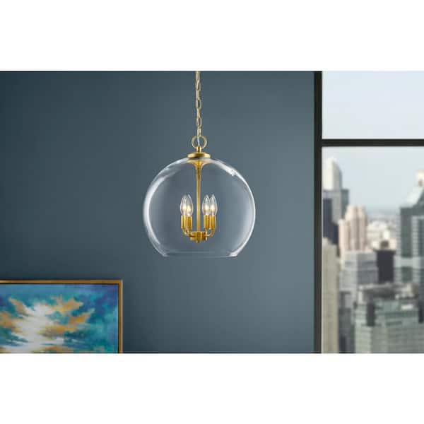 Home Decorators Collection Kingsley 4-Light Aged Brass Oversized Pendant Light Fixture with Clear Glass Shade
