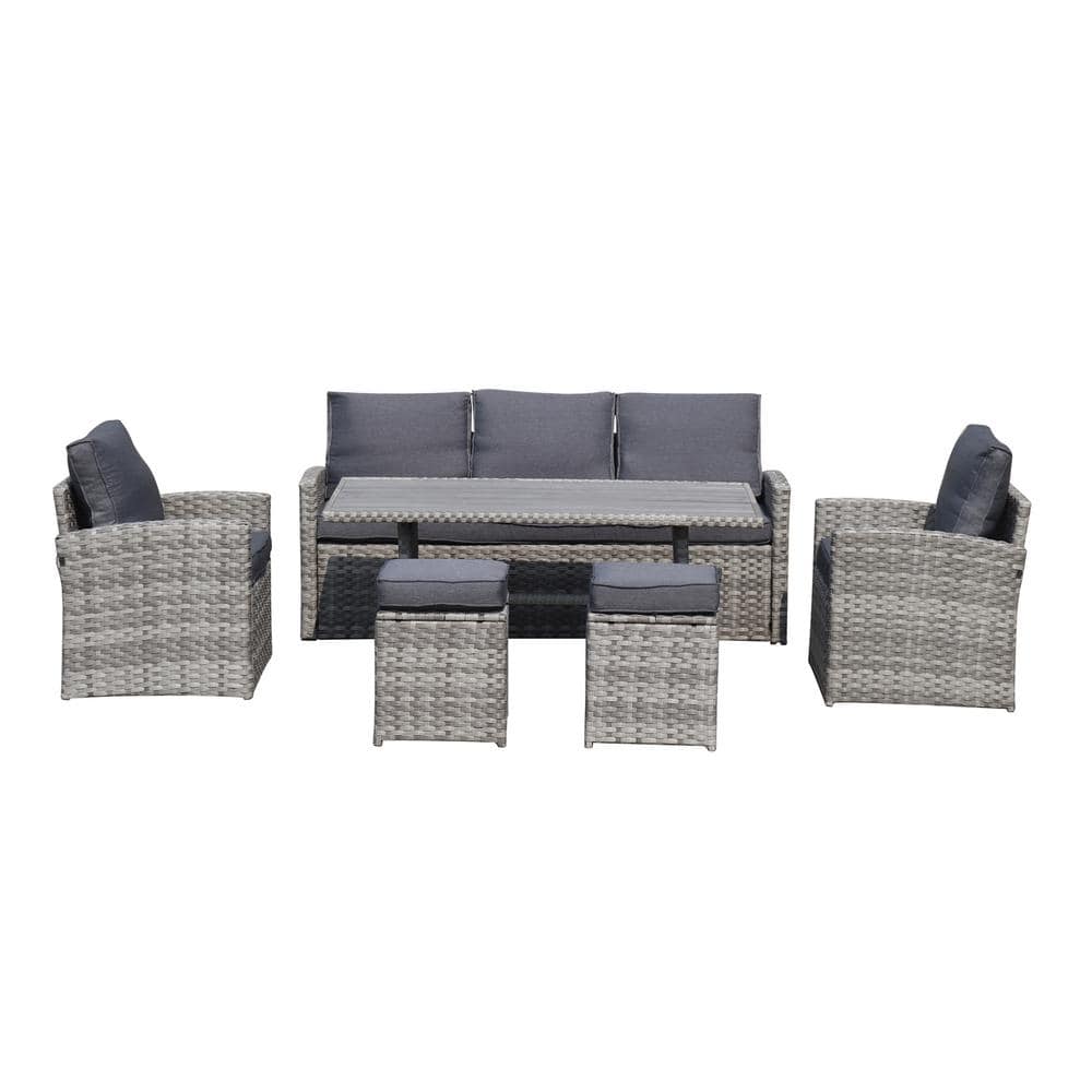 Gray 6-Piece PE Wicker Patio Conversation Set with Gray Cushions and Table 