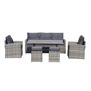 Gray 6-Piece PE Wicker Patio Conversation Set with Gray Cushions and Table Outdoor Garden Patio Furniture Sets