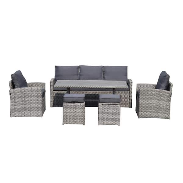 BTMWAY Gray 6-Piece PE Wicker Patio Conversation Set with Gray Cushions and Table Outdoor Garden Patio Furniture Sets