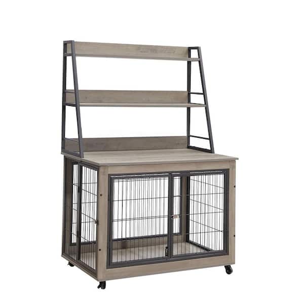 Miscool Anky Furniture Style Dog Crate Side Table with Shelves, Equipped with Double Doors and a Raised Roof in Gray