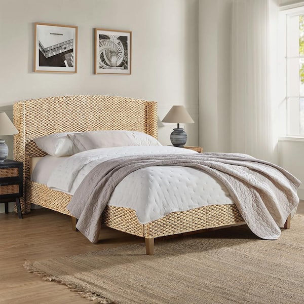 Hubert Light Brown Natural Wood Frame King Platform Bed with Wingback