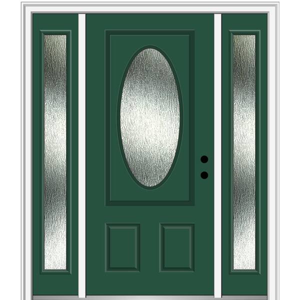 MMI Door 64 in. x 80 in. Left-Hand Inswing Rain Glass Hunter Green Fiberglass Prehung Front Door on 4-9/16 in. Frame