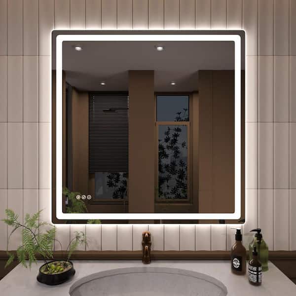 TaiMei 36 in. W x 36 in. H Round Corner Rectangular Frameless Wall Mount LED Single Bathroom Vanity Mirror in Polished Crystal