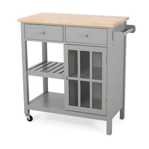 Gray Wood Tabletop 34 in. Kitchen Island with Drawers and Glass Door