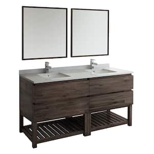 Formosa 72 in. Double Vanity with Open Bottom in Warm Gray with Quartz Stone Vanity Top in White w/ White Basins, Mirror