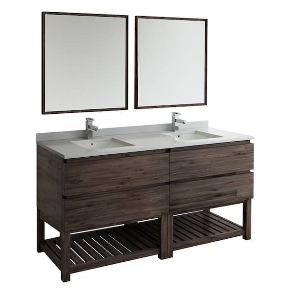 Fresca Formosa 72 in. Double Vanity with Open Bottom in Warm Gray with Quartz Stone Vanity Top in White w/ White Basins, Mirror