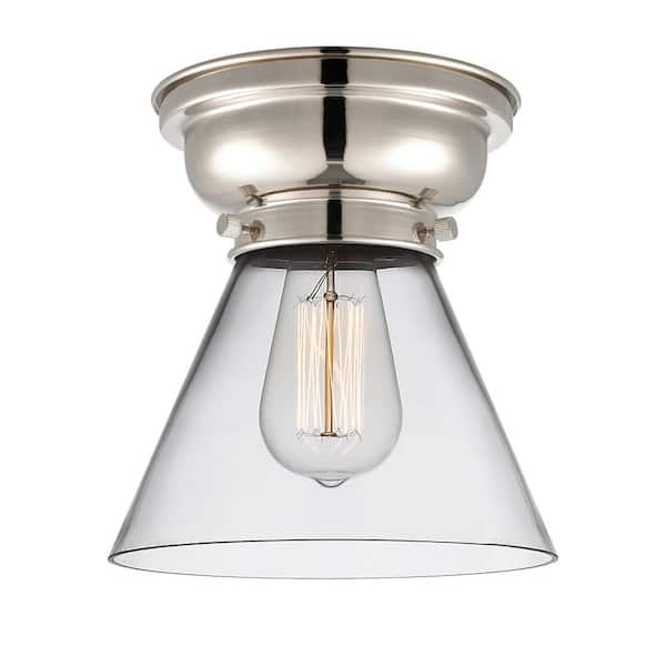 Innovations Cone 7.75 in. 1-Light Polished Nickel Industrial Flush Mount with Clear Glass Shade