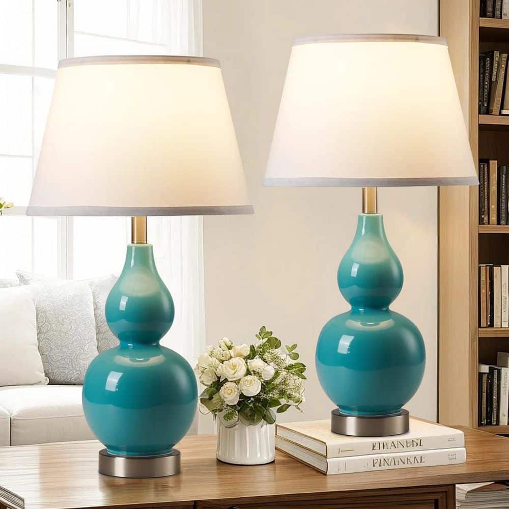 Genoci 25.79 in. Blue Modern Table Lamp with White Linen Shade and