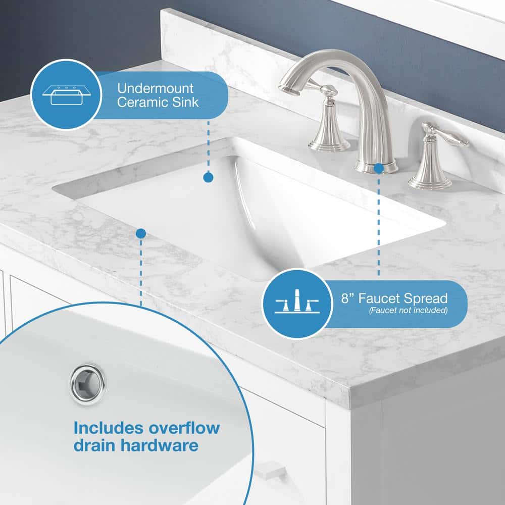 Athea 42" Pure White Freestanding Bathroom Vanity with Marble Countertop