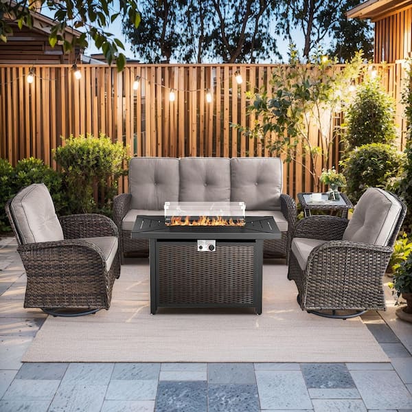 Rotavia Brown Wicker 5-Piece Outdoor Rectangular Fire Pit Table Patio Conversatoin Swivel Chair Set with Beige Cushions