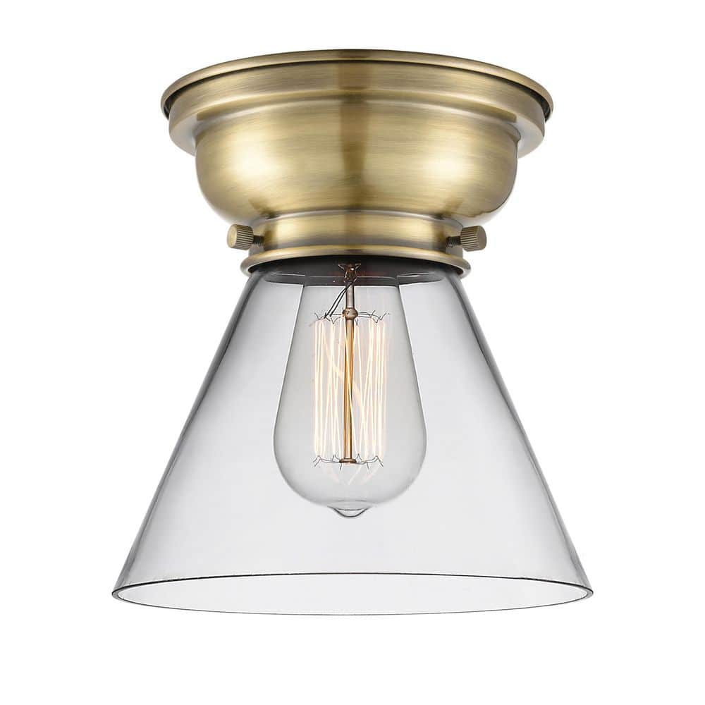 Cone 7.75 in. 1-Light Antique Brass Industrial Flush Mount with Clear Glass Shade price history on PriceWatchPro