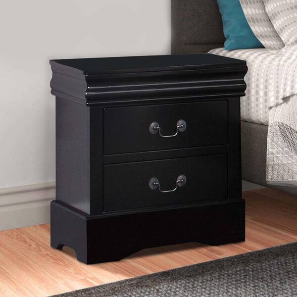 Benjara Black 2 Drawer Wood Nightstand with Antique Style Drop Handles (22 in. L x 16 in. W x 23 in. H)