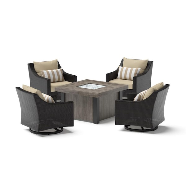 RST BRANDS Deco 5-Piece Wicker Motion Patio Fire Pit Conversation Set with Sunbrella Maxim Beige Cushions