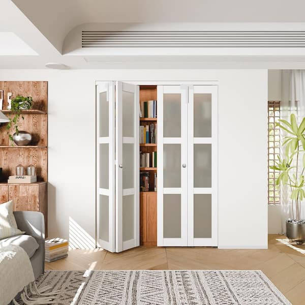 72 in. x 80 in. 3 Lite Frosted Glass Solid Core White PVC CoveringMDF. Wood Bi-fold Doors with Lock, Handles