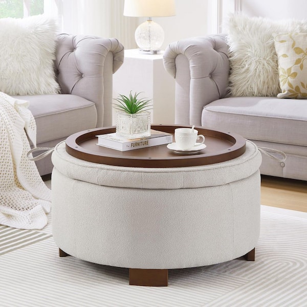 Classic Beige Boucle Fabric Upholstered Round Storage Ottoman with Reversible Tray Lid, Hidden Storage and Wood Legs