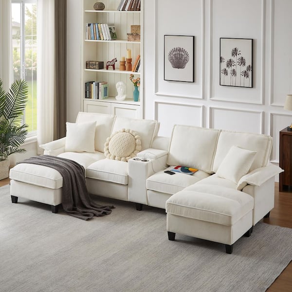 Jeremy 121.2 in. Upholstered Corduroy Modular Sectional Sofa in Beige with Storage Ottoman, Console with Cup Holders
